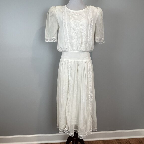 Jessica McClintock Gunne Sax M/L Dress Cottagecore Prairie Lace Eyelet Cotton - Picture 1 of 16